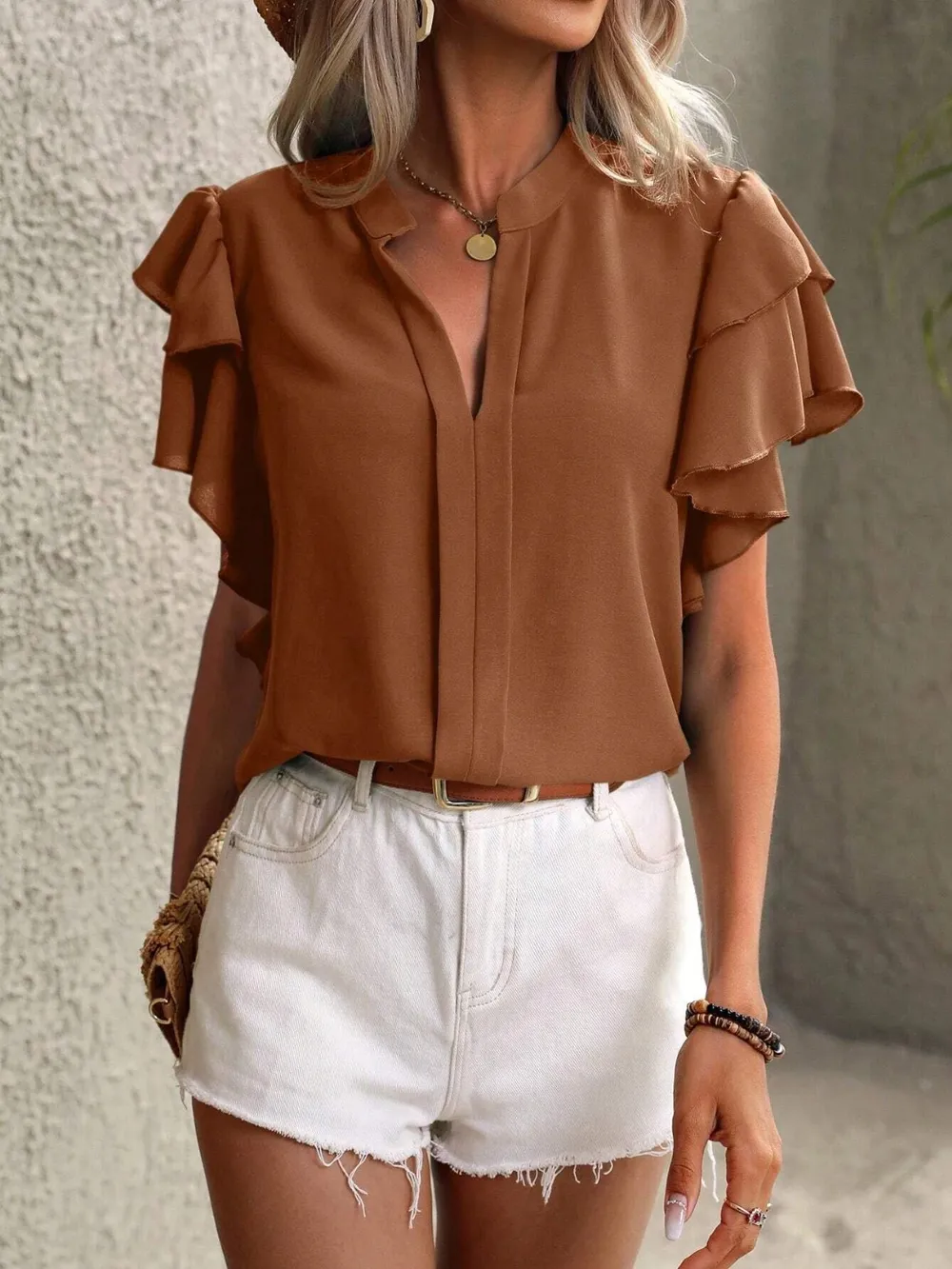 Ruffled Notched Short Sleeve Blouse, image 6