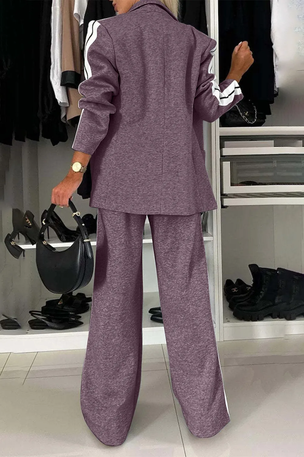 Full Size Contrast Lapel Collar Top and Pants Set, image 15