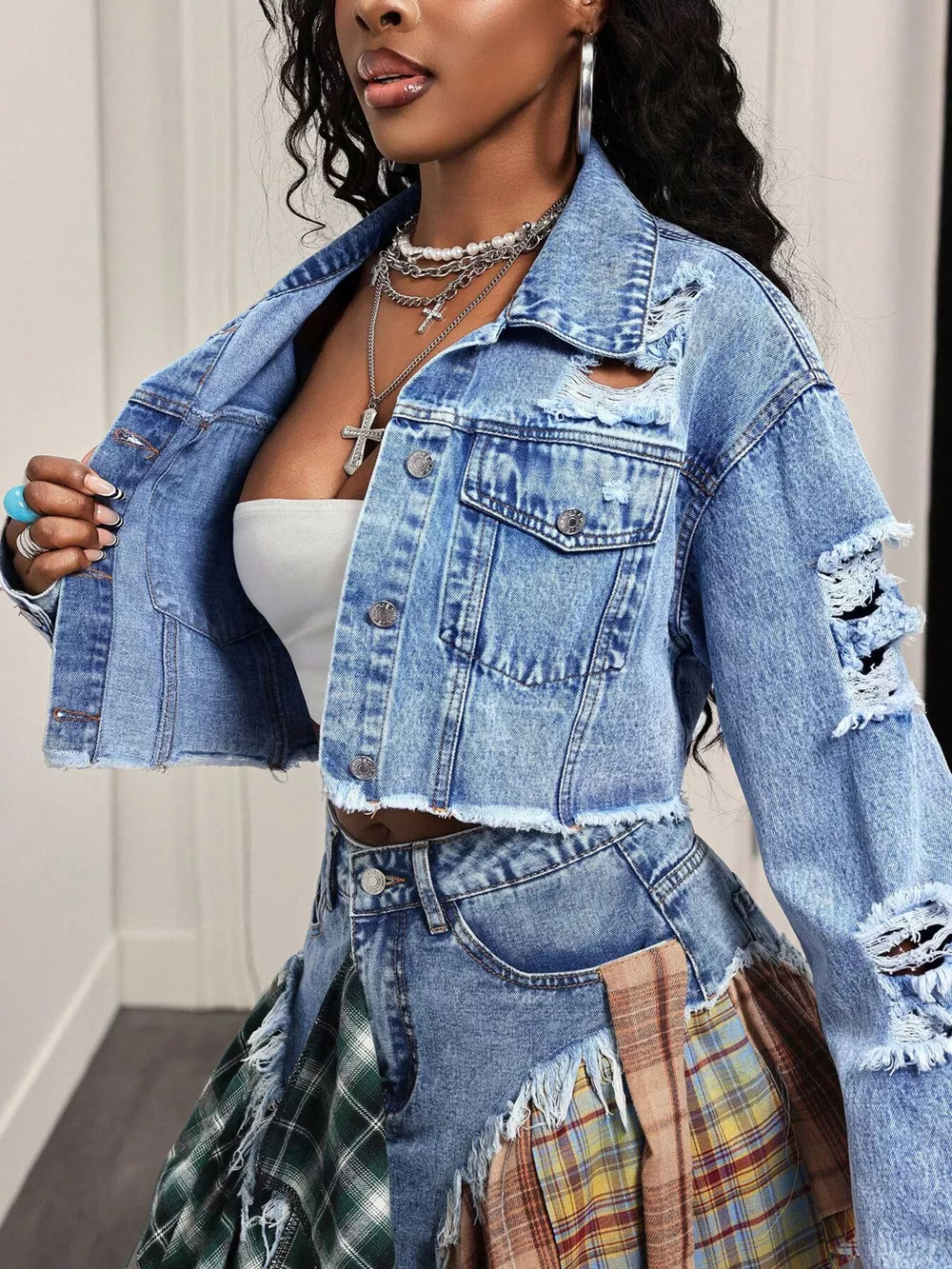 Distressed Cropped Denim Jacket, image 6