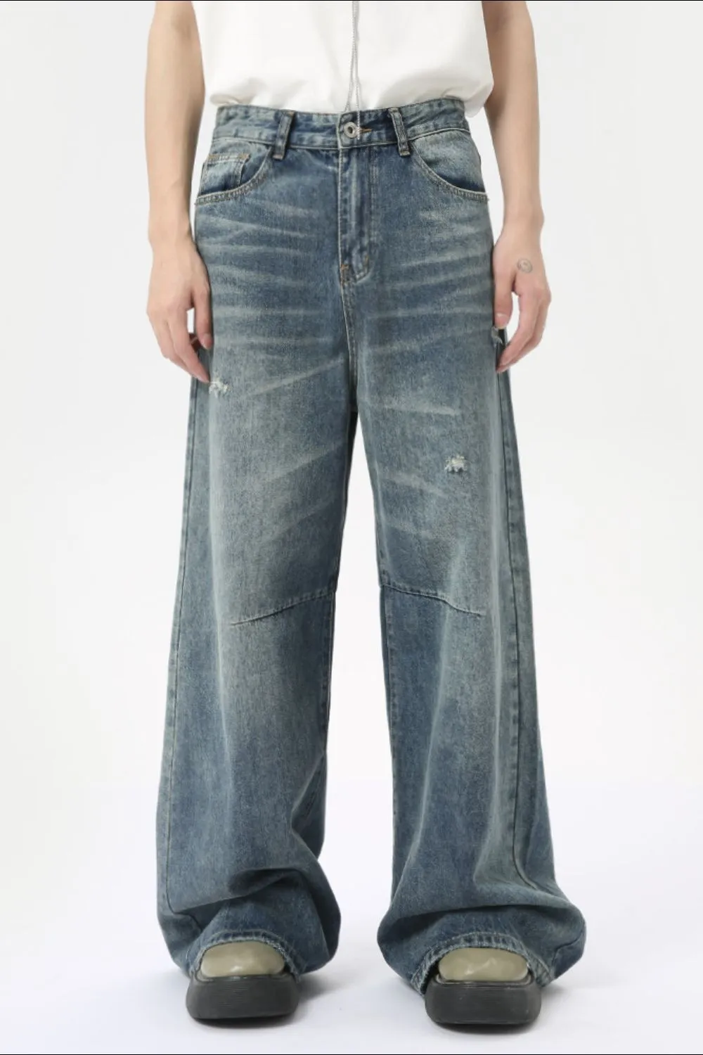 Distressed Wide Leg Men's Jeans with Pockets, image 5