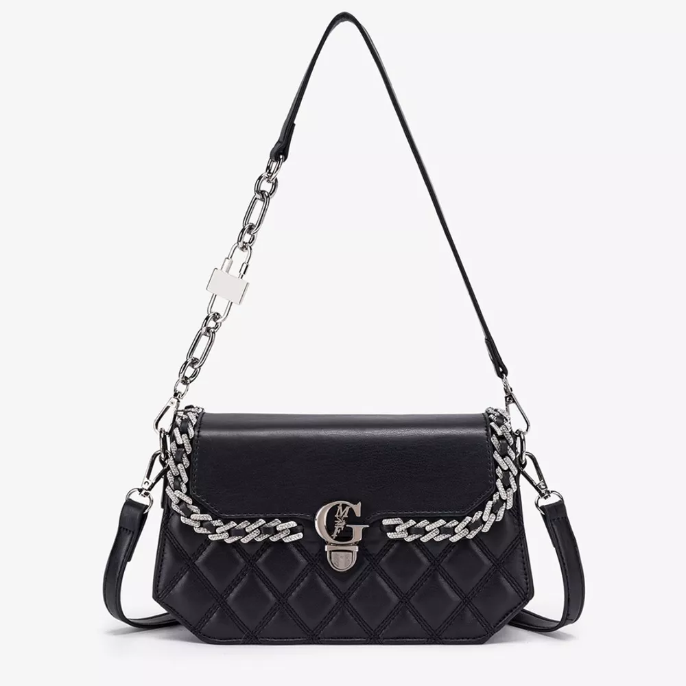 Quilted PU Leather Crossbody Bag with Rhinestone Decor