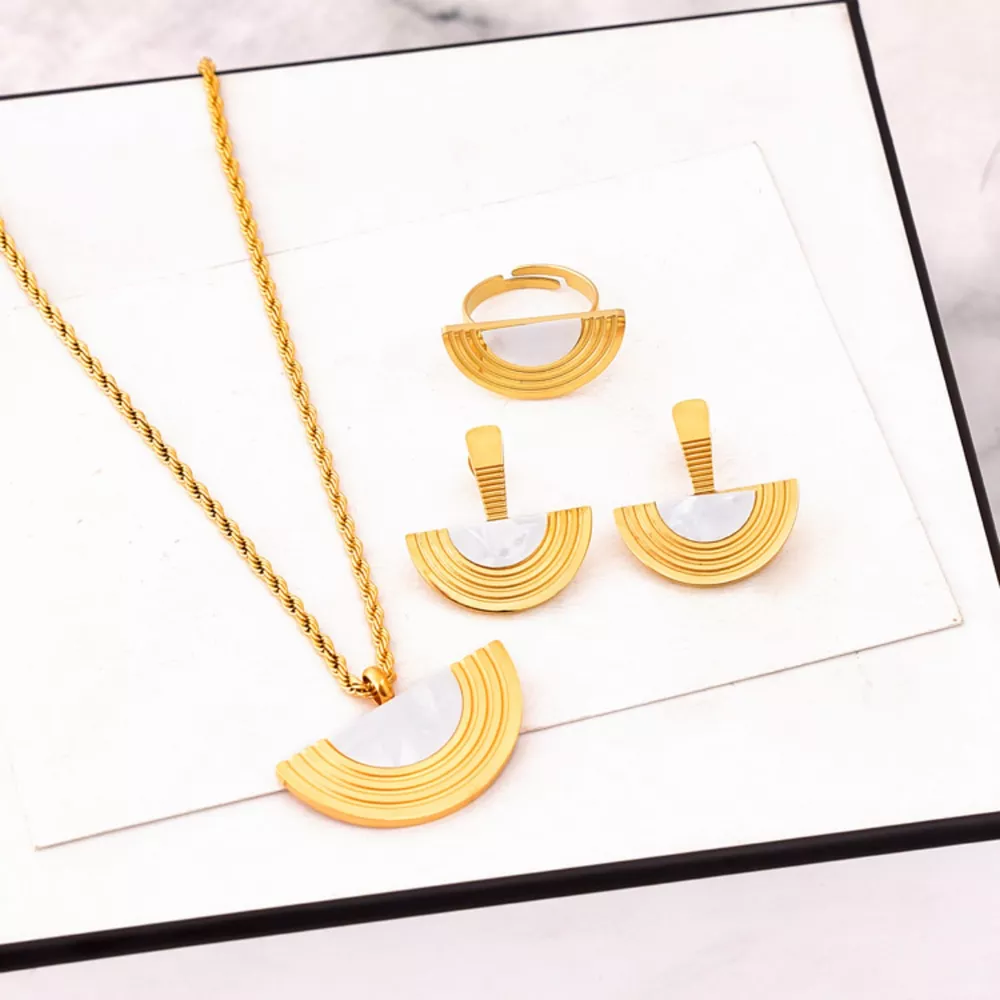 Geometric Half-Circle 18K Gold Plated Necklace Ring and Earrings Jewelry Set, image 6
