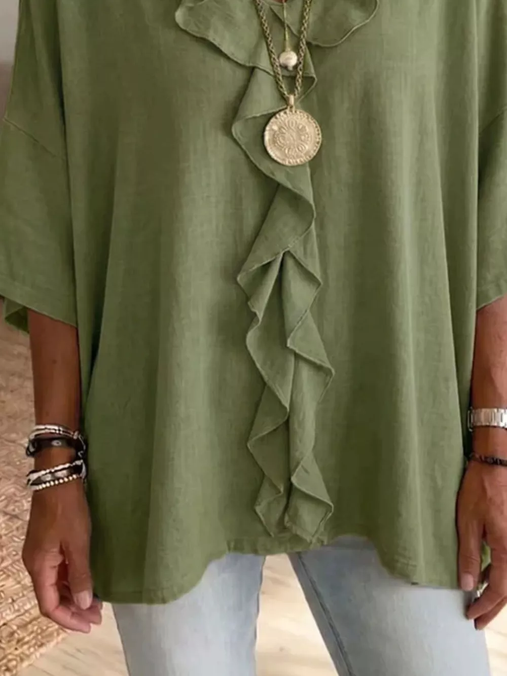 Full Size Ruffled V-Neck 3/4 Sleeve Blouse Plus Size, image 6
