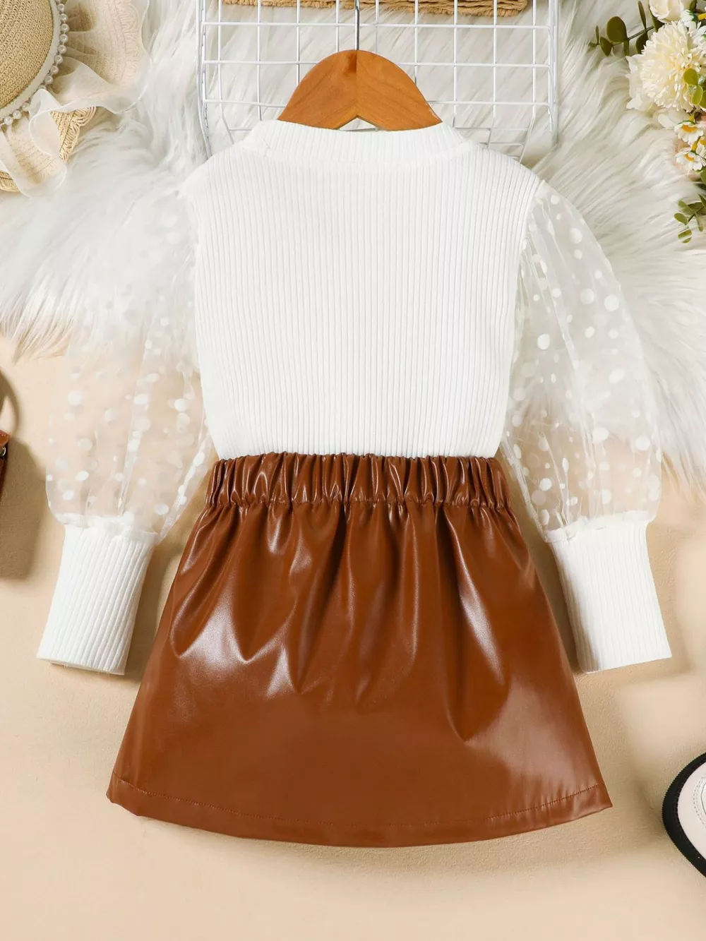 Children's Polka Dot Sleeve Top & Faux Leather Skirt Set, image 11