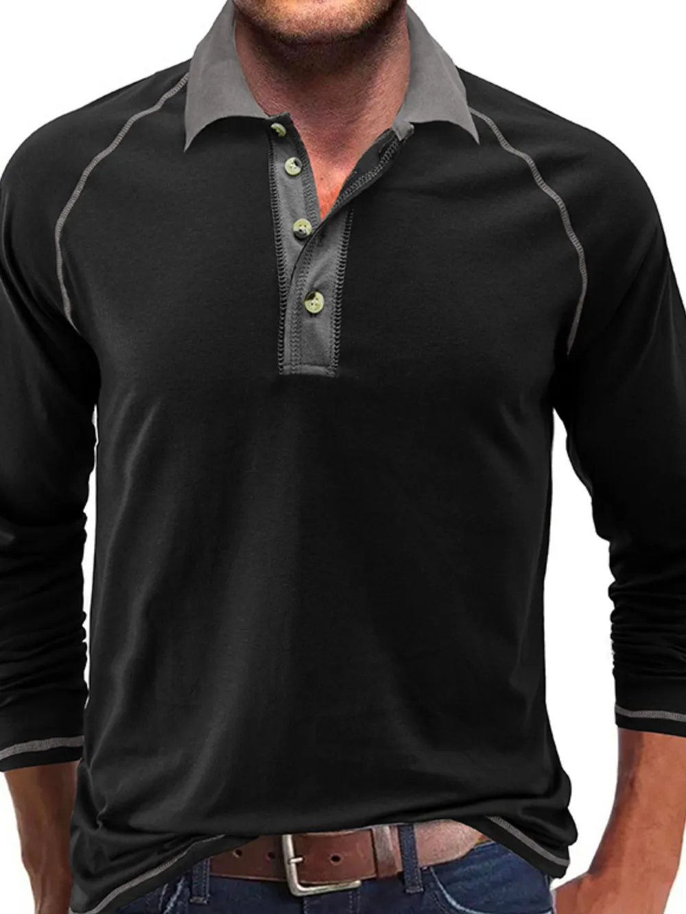 Men's Contrast Collar Long Sleeve Polo Shirt, image 2