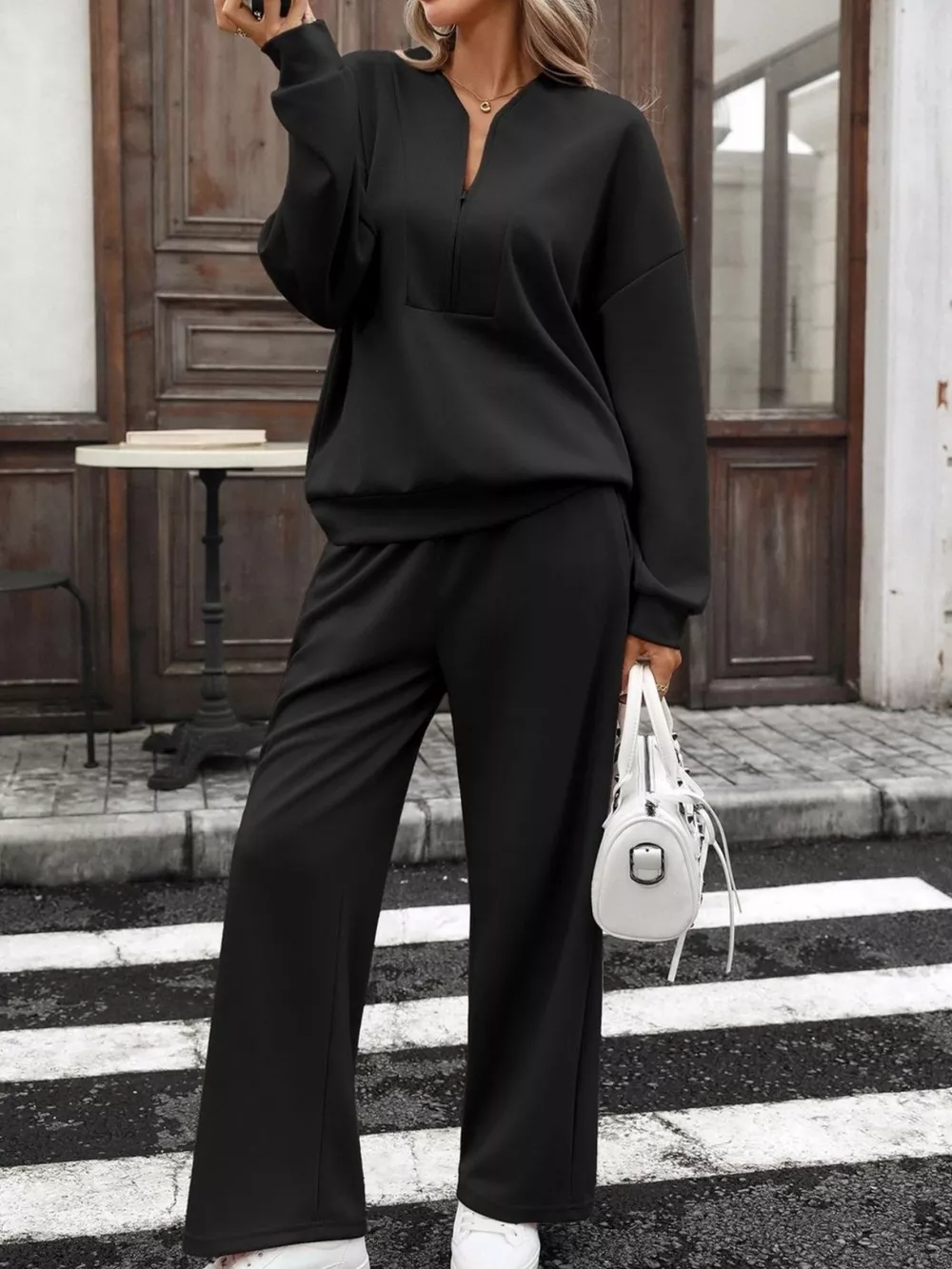 Half Zip Sweatshirt and Wide-Leg Pants Set, image 11