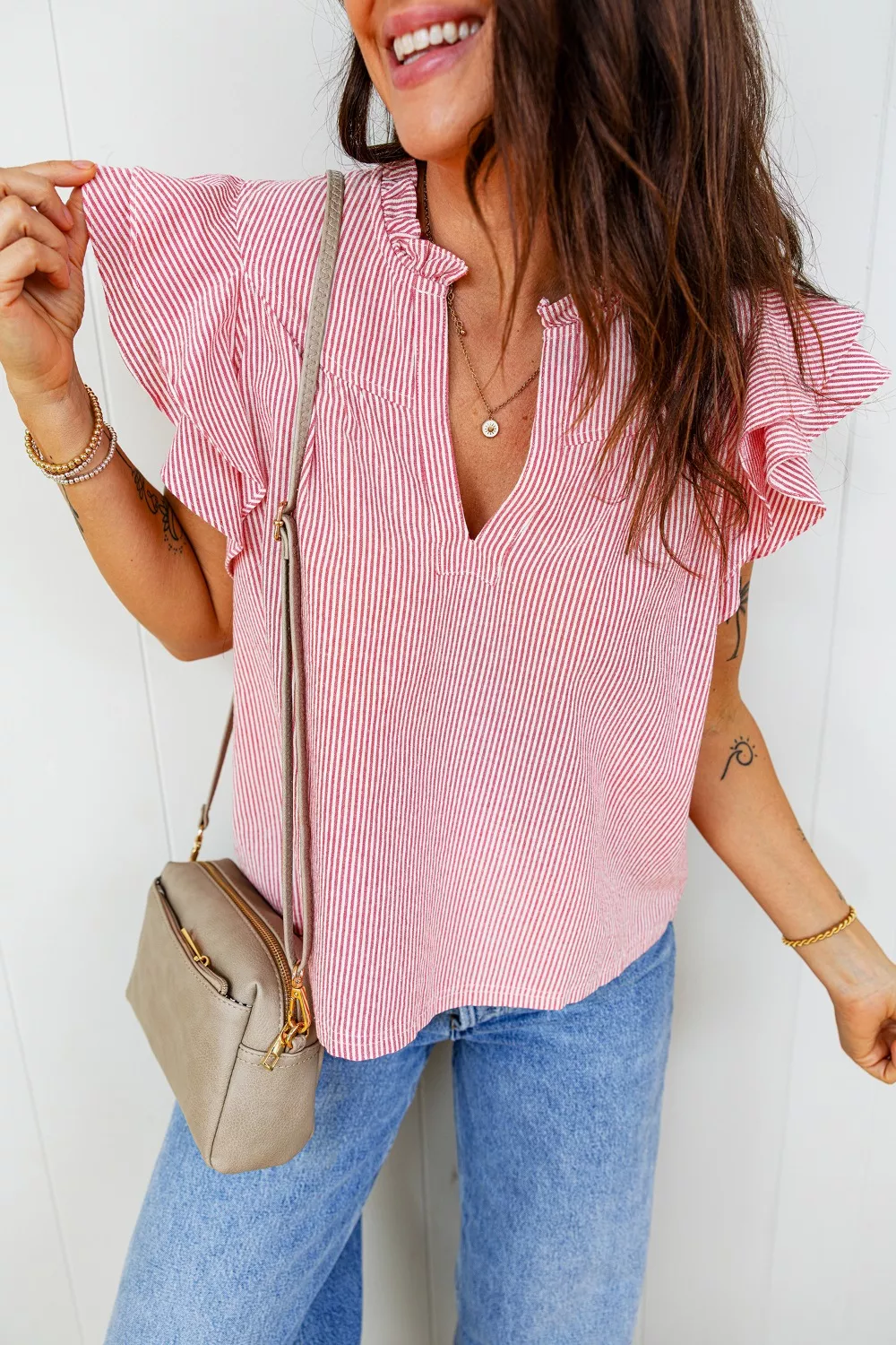 Stripe Frilly Split Neck Double Ruffled Short Sleeve Blouse, image 3