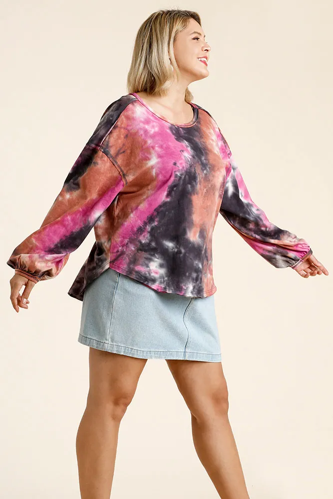 Full Size Tie Dye Round Neck Long Balloon Sleeve Top Plus Size, image 5