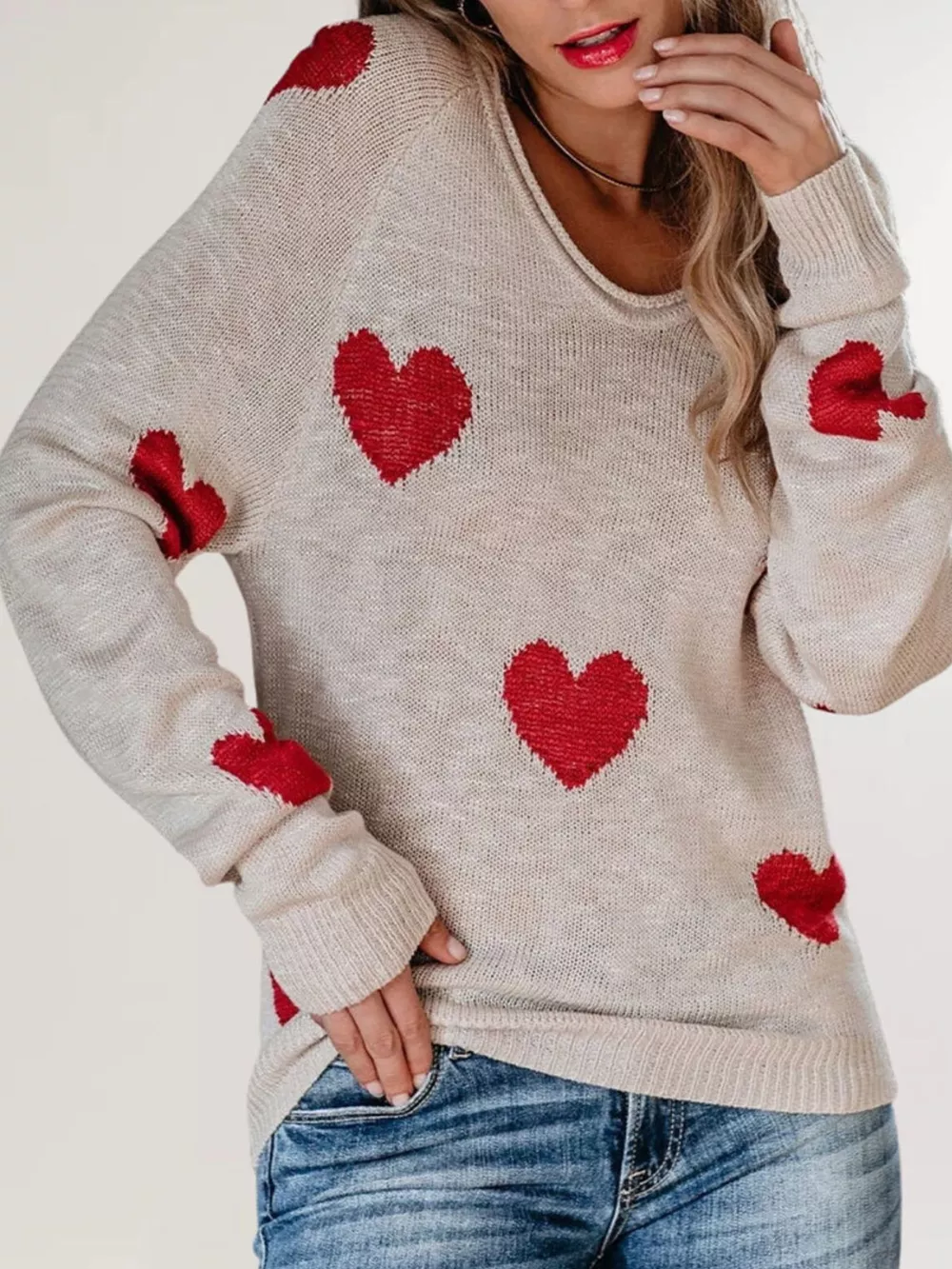 Heart Pattern V-Neck Sweater, image 2