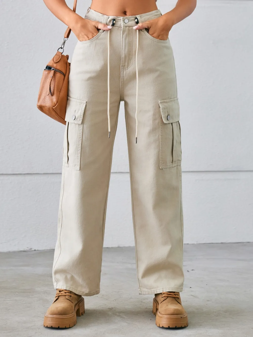 Drawstring Mid-Rise Waist Straight Cargo Jeans, image 10
