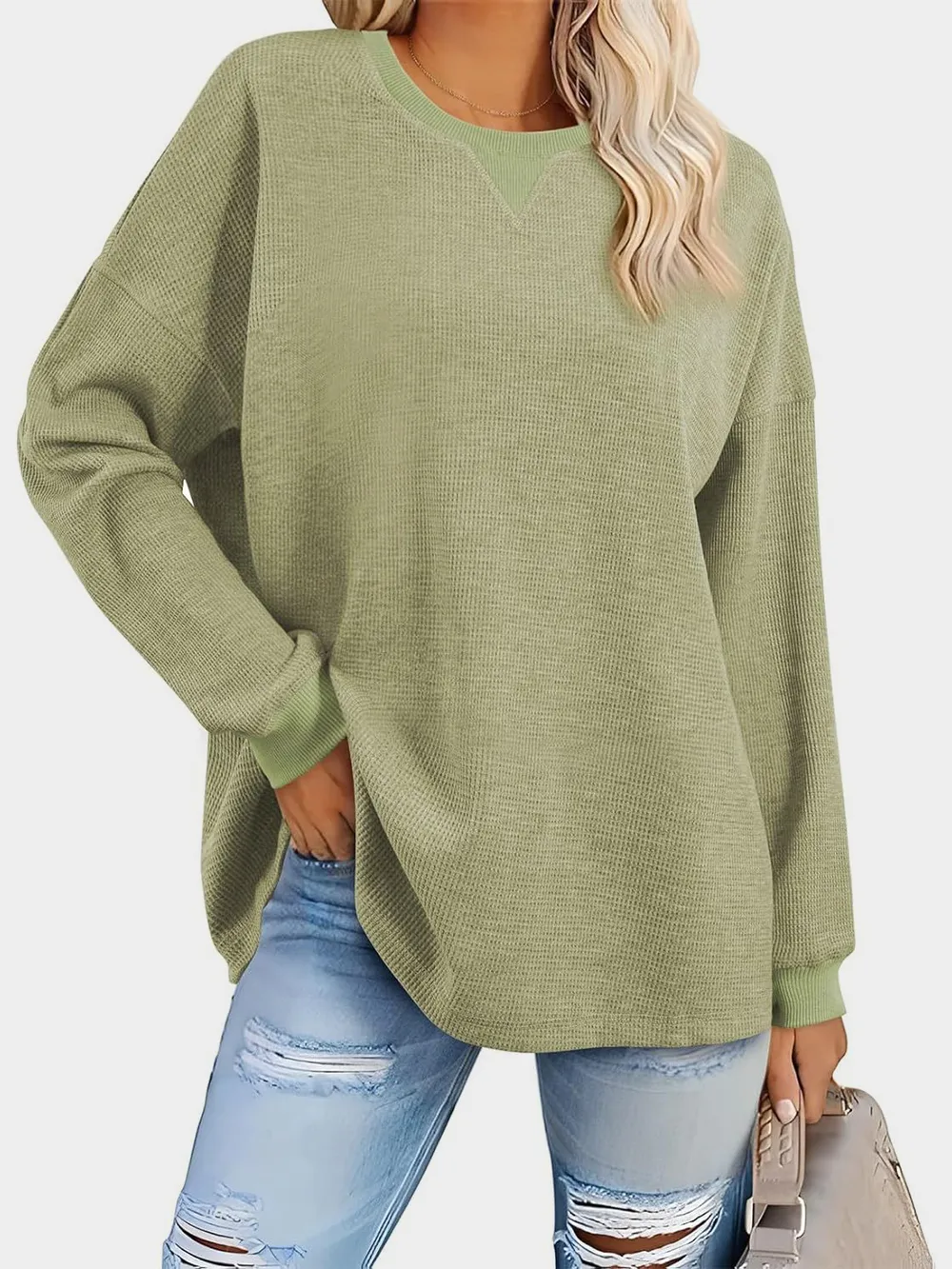 Waffle Knit Round Neck Long Sleeve T-Shirt, image 20