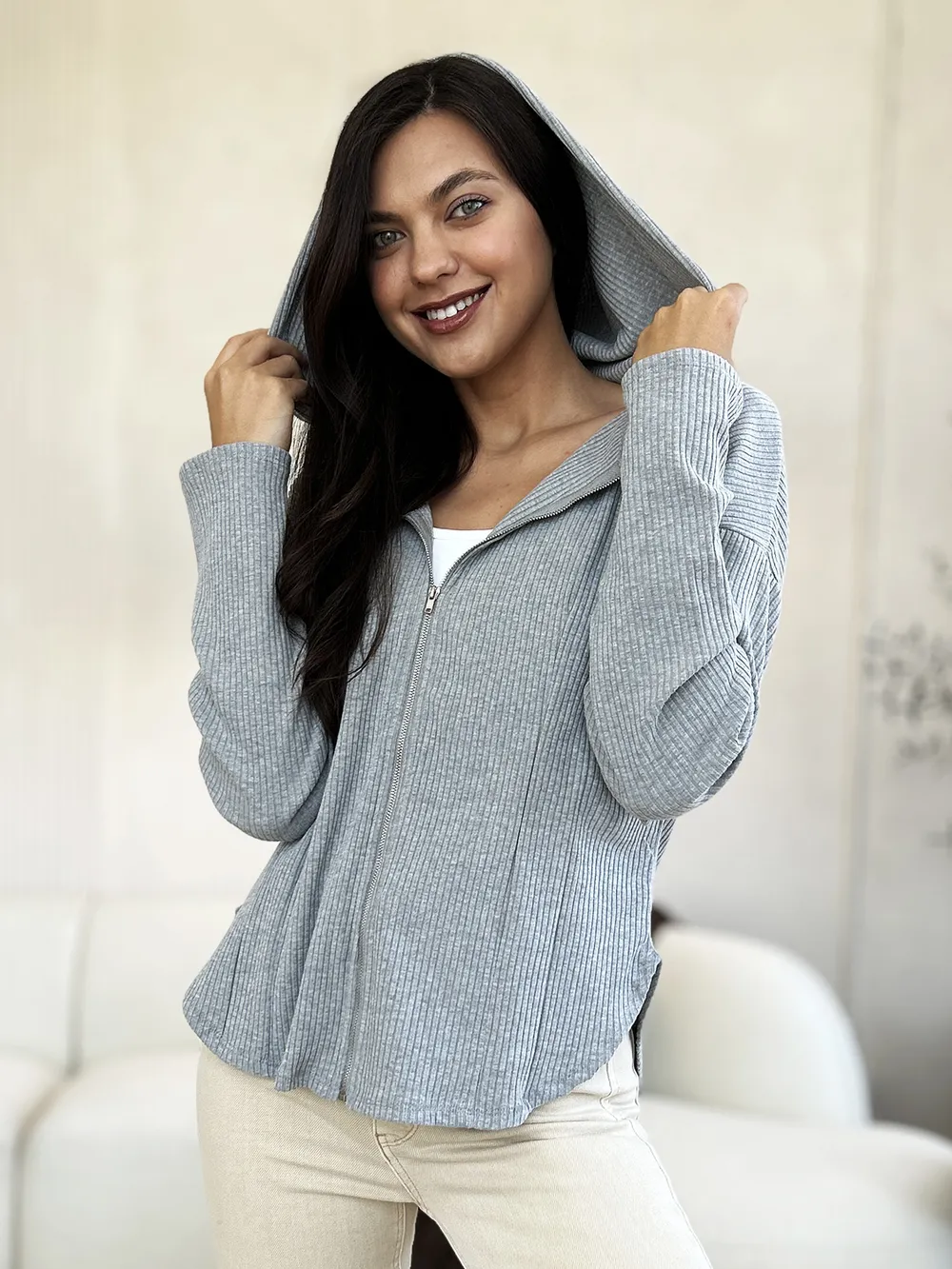 Full Size Ribbed Zip Up Drawstring Hooded Jacket, image 2
