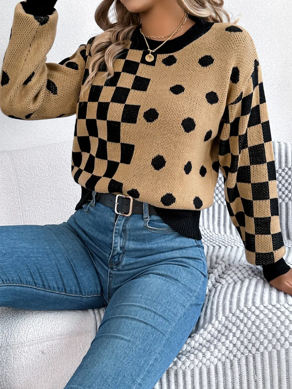 Plaid Round Neck Long Sleeve Sweater, image 14