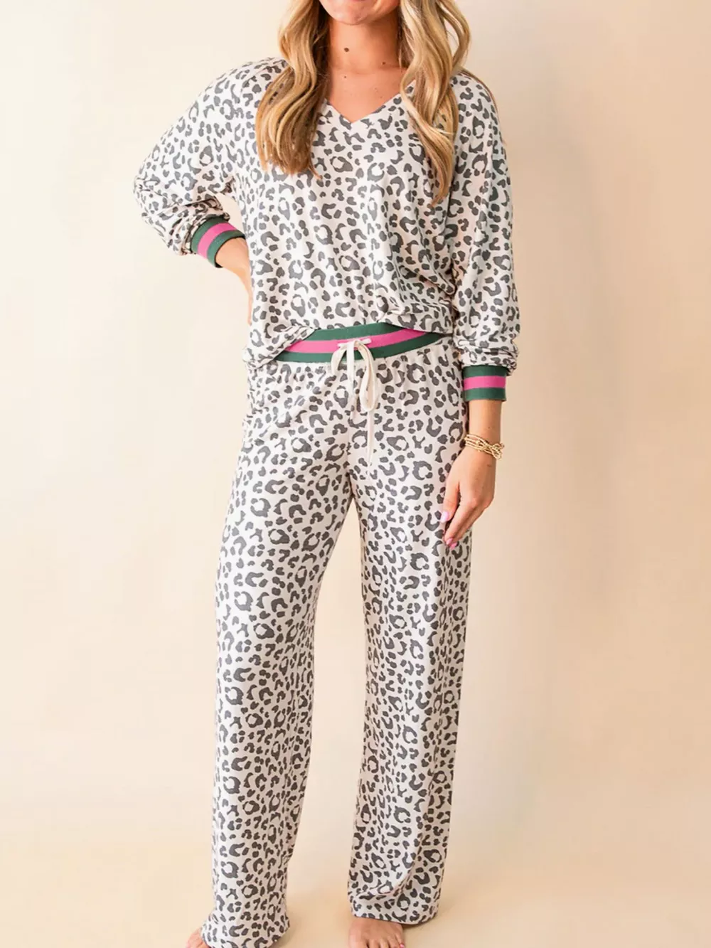 V Neck Leopard Long Sleeve Top Striped Webbing Patchwork Drawstring Pant Set, image 3