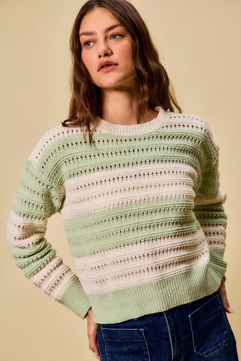 Openwork Round Neck Wide Stripe Textured Sweater, image 3