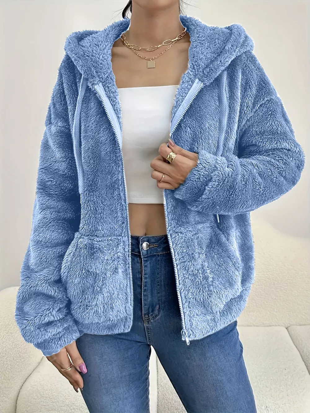 Drawstring Fleece Zip-Up Outerwear, image 2