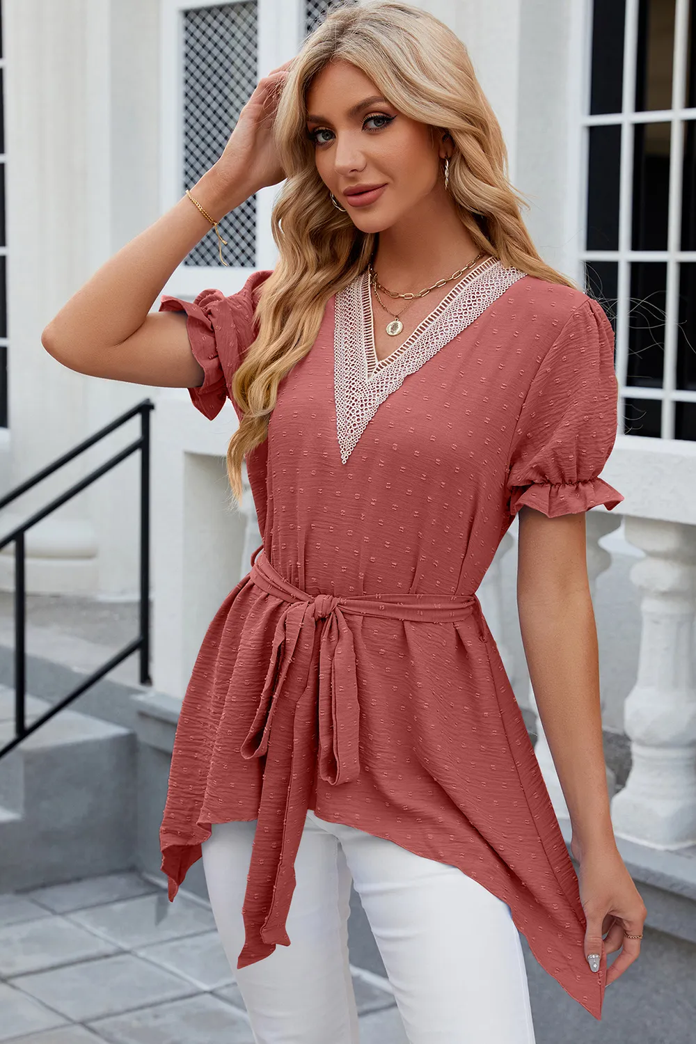Swiss Dot Tie Waist Flounce Sleeve Blouse, image 10