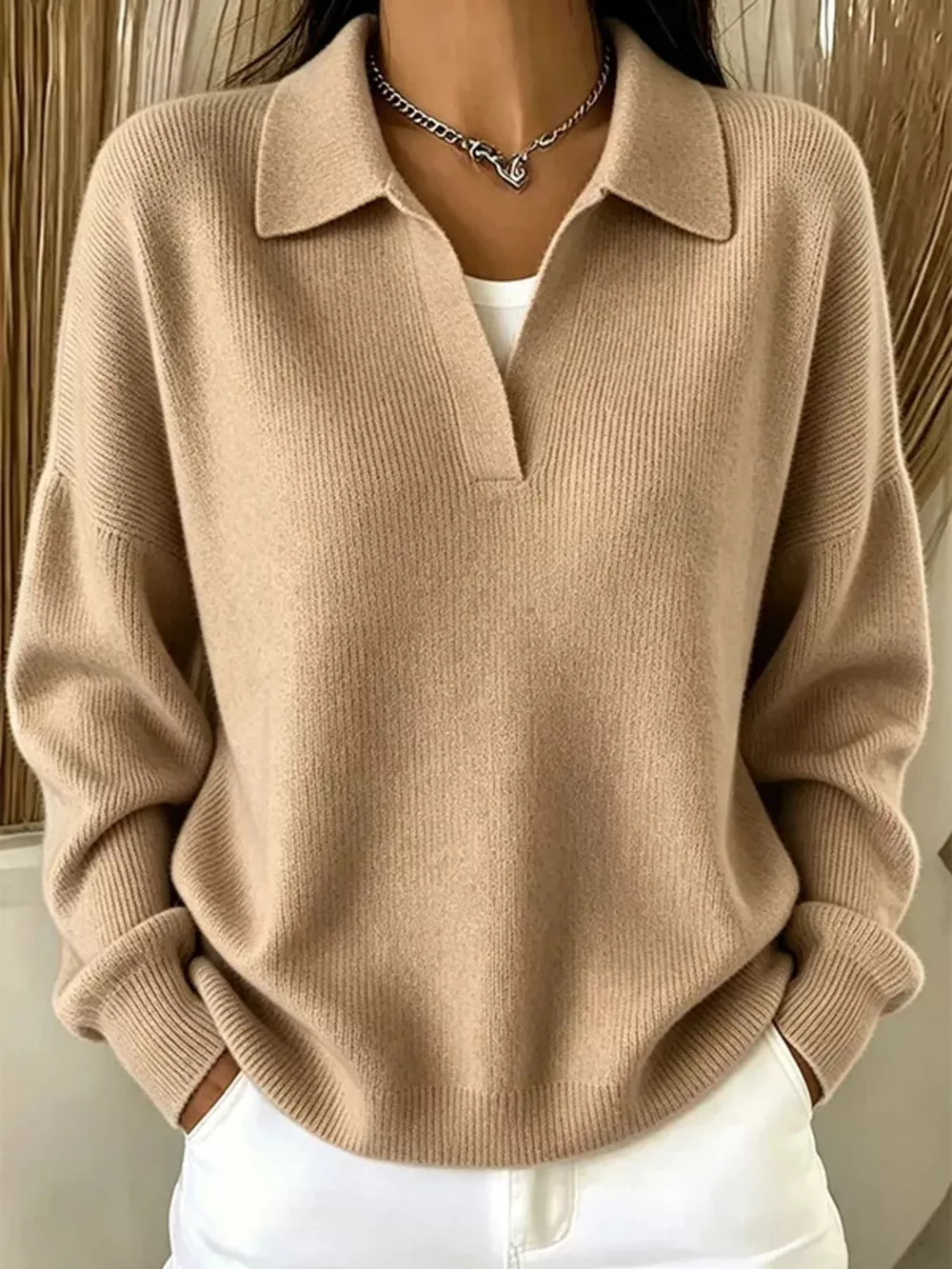 Ribbed Knit Polo Collar Sweater, image 8