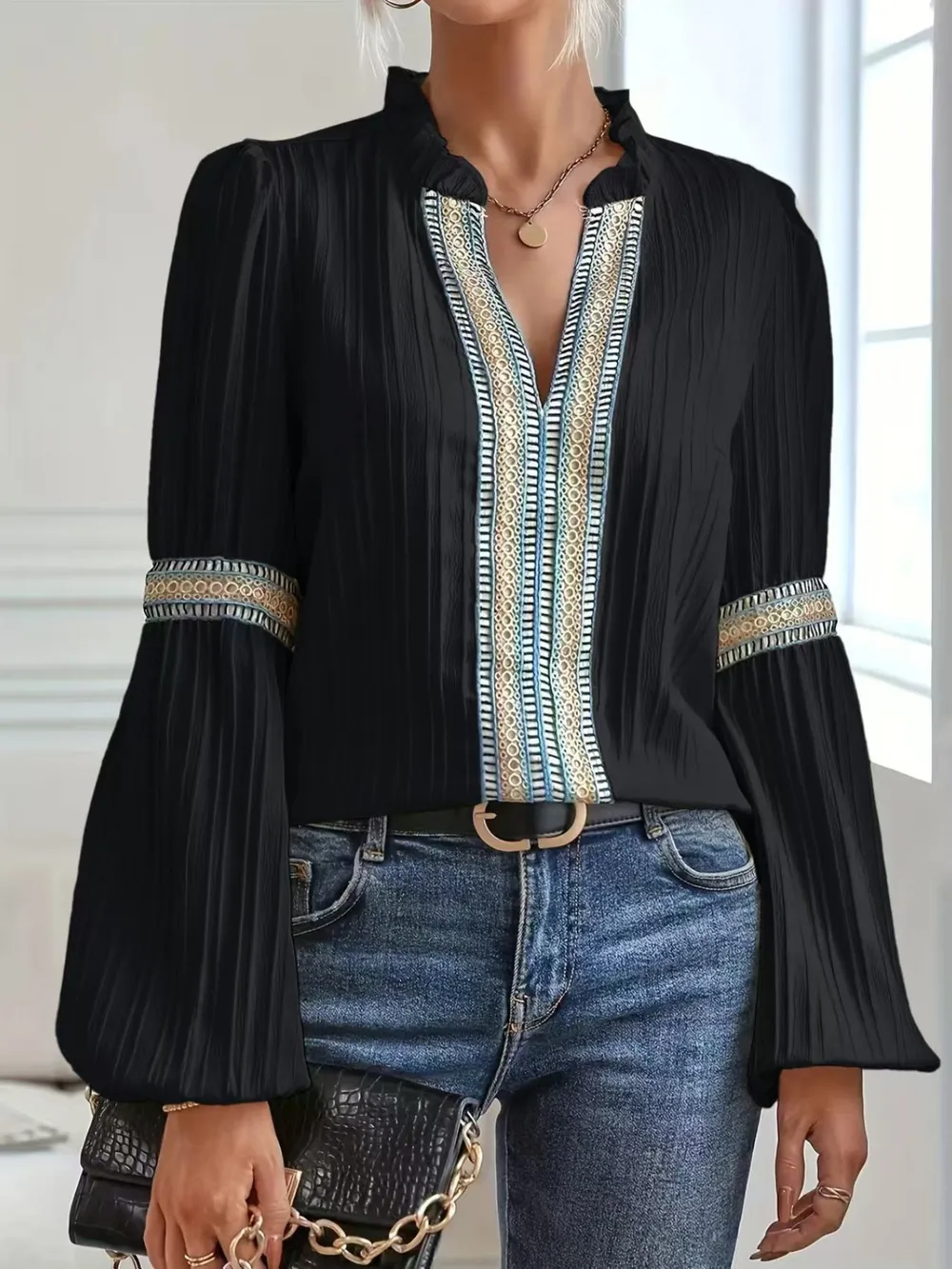 Notched Textured Balloon Sleeve Blouse, image 5