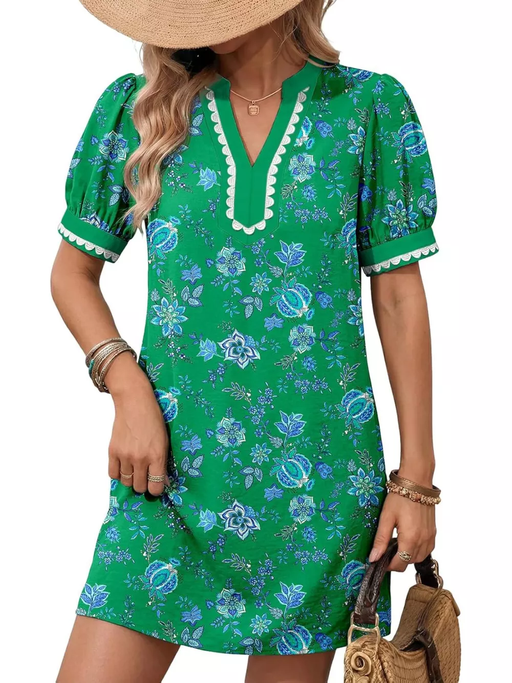 Notched Puff Sleeve Mini Dress