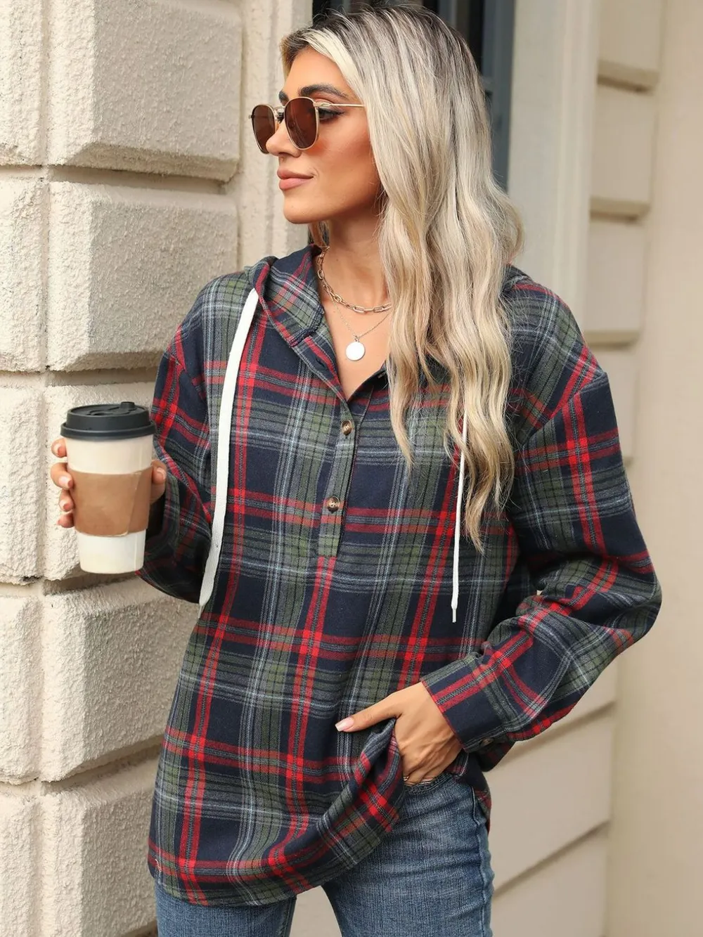 Drawstring Plaid Hooded Long Sleeve Top, image 12