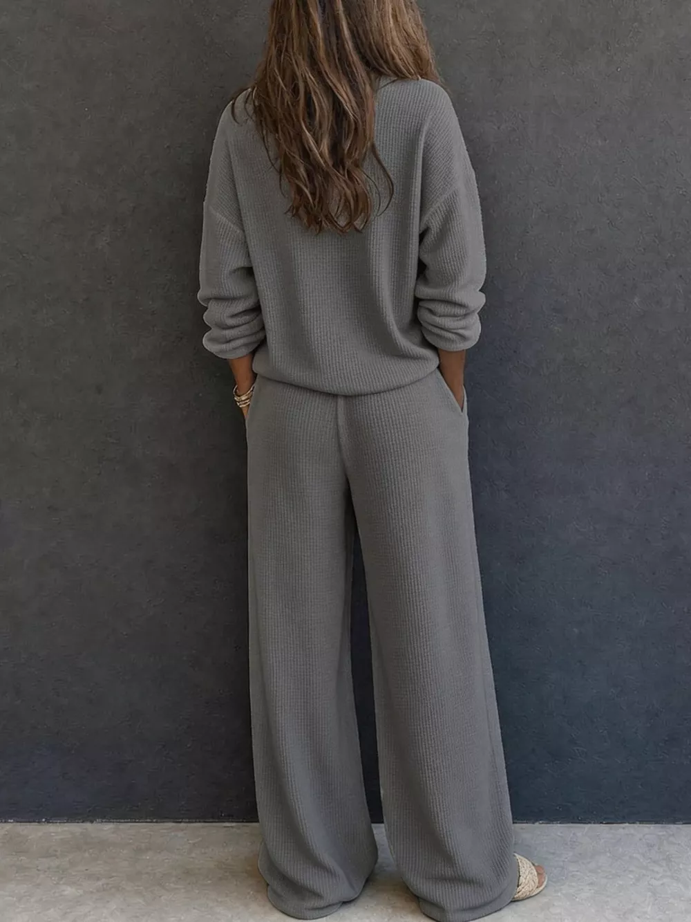 Waffle Knit Henley Top and Wide Leg Pants Set, image 12