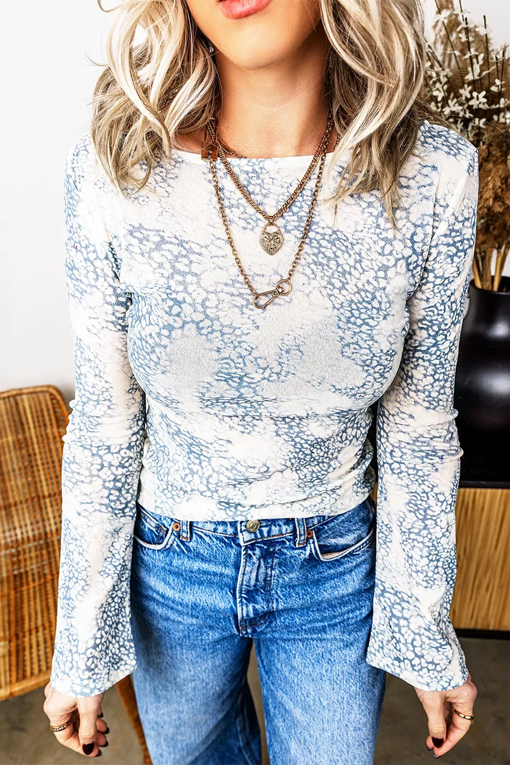 Long Sleeve Leopard Print Round Neck Sheath Top, image 5