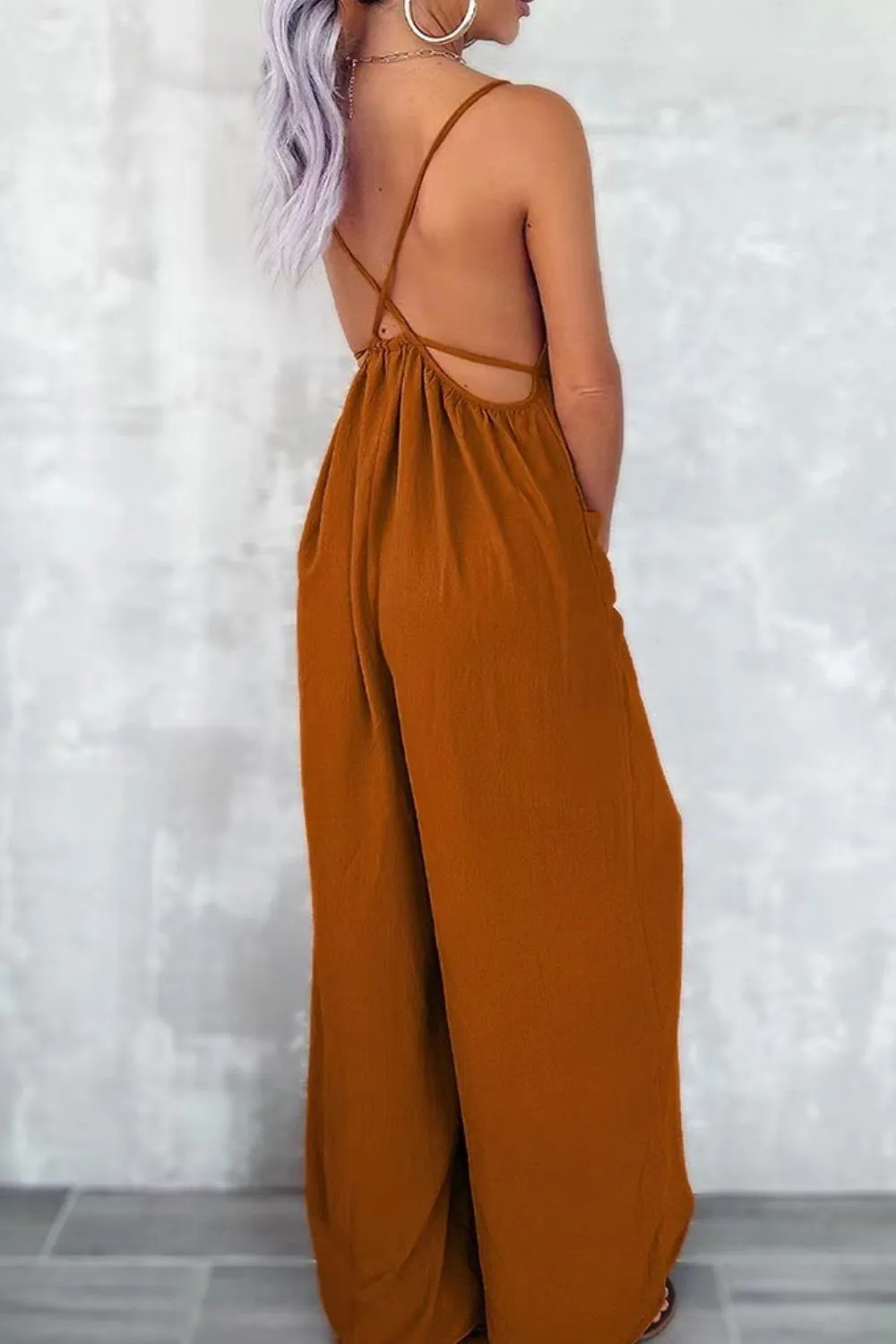 Casual Spaghetti Strap Wide Leg Jumpsuit with Pockets, image 3