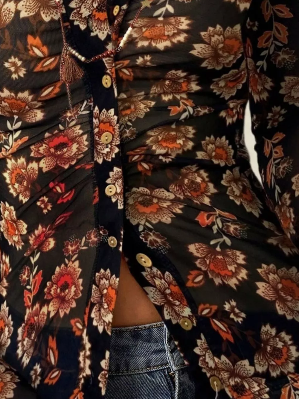 Printed Flare Sleeve Button Down Top, image 4