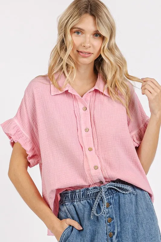 Mineral Washed Button Down Flounce Sleeve Shirt