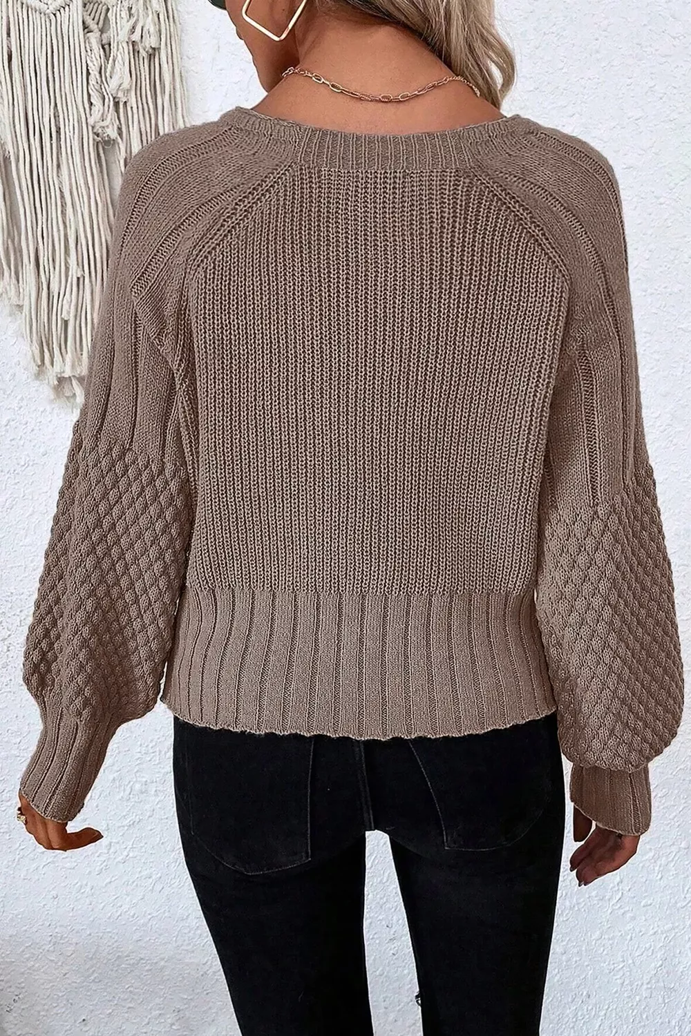 Mixed Texture Knit Button V Neck Sweater Cardigan, image 5