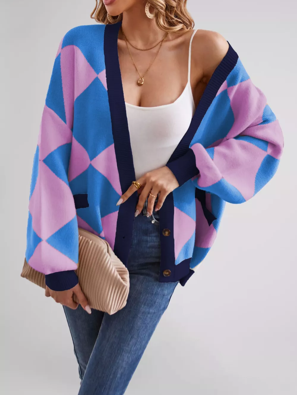 Diamond Pattern Button-Up Knit Cardigan, image 9