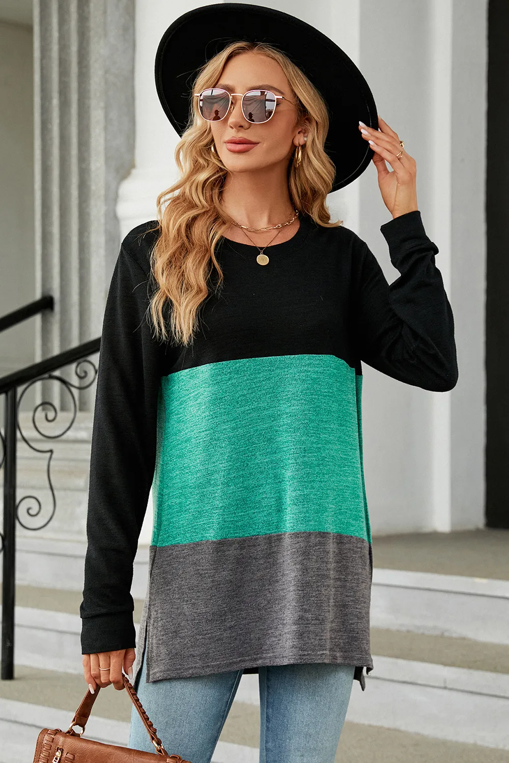 Color Block Round Neck Long Sleeve T-Shirt, image 11