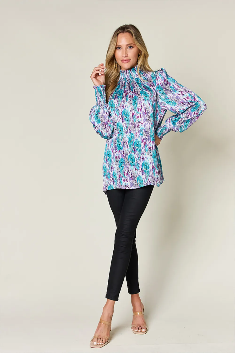 Full Size Printed Smocked Long Sleeve Blouse, image 6