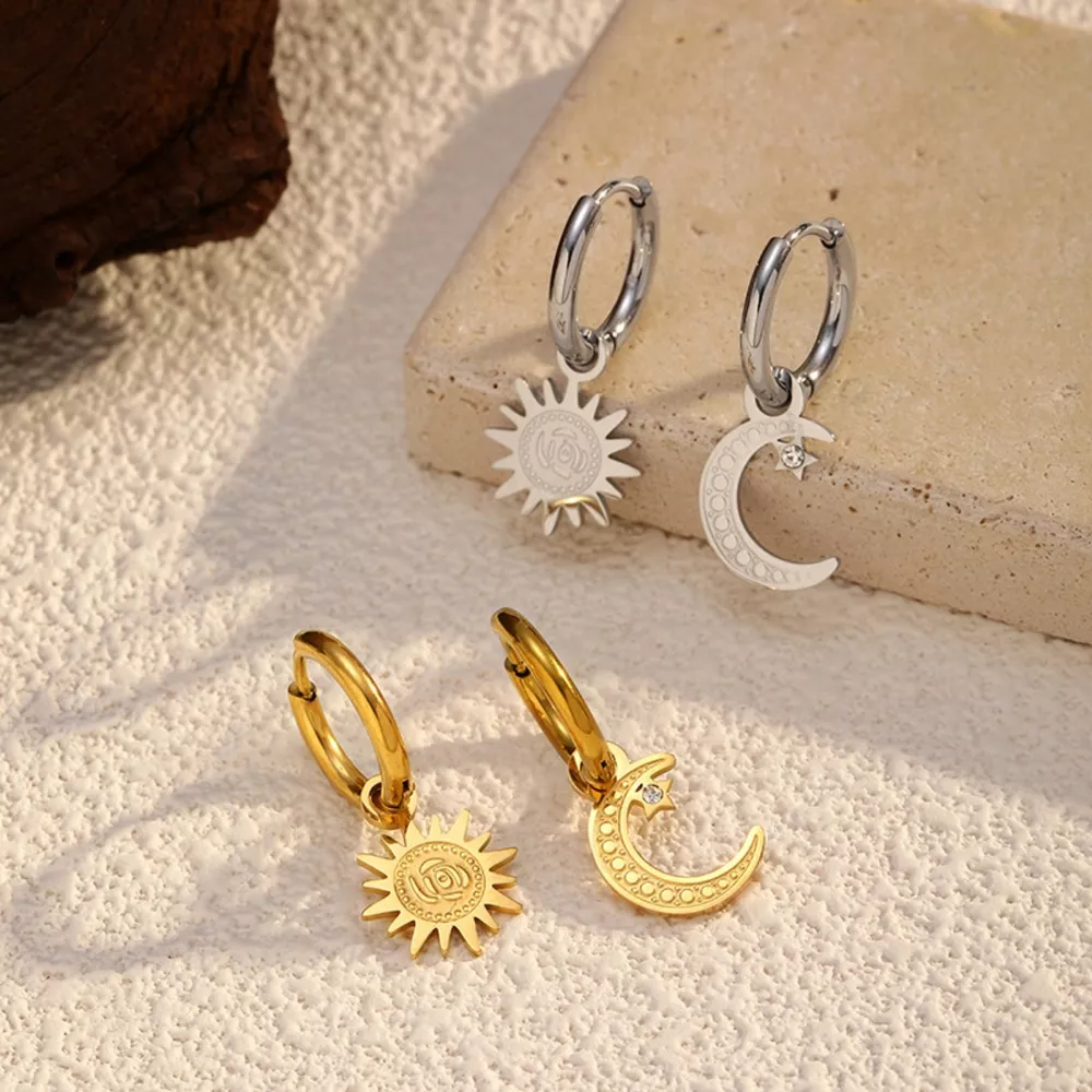 Sun and Moon Dangle Hoop Earrings, image 3