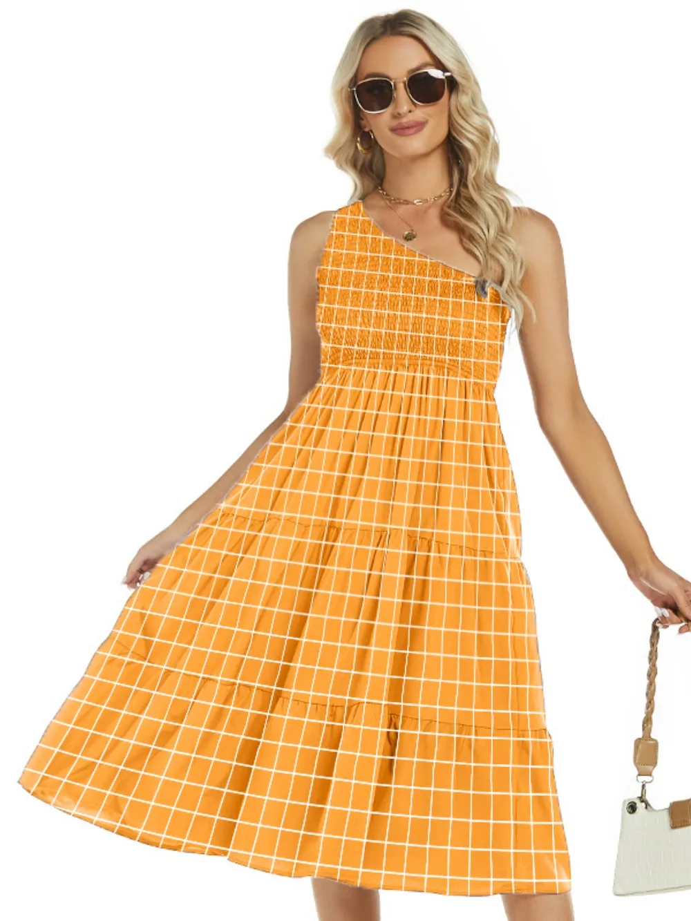 One-Shoulder Tiered Midi Dress with Smocked Bodice, image 10