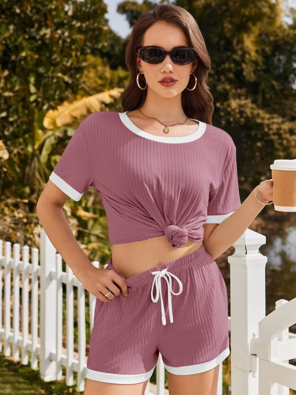 Ribbed Short Sleeve Top and Shorts Set, image 8
