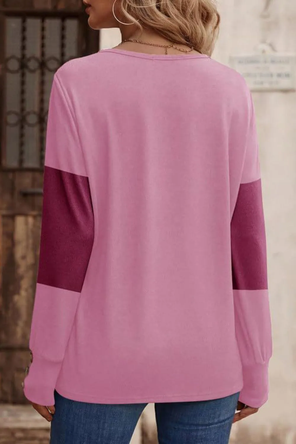 Decorative Button Contrast V-Neck Long Sleeve T-Shirt, image 6