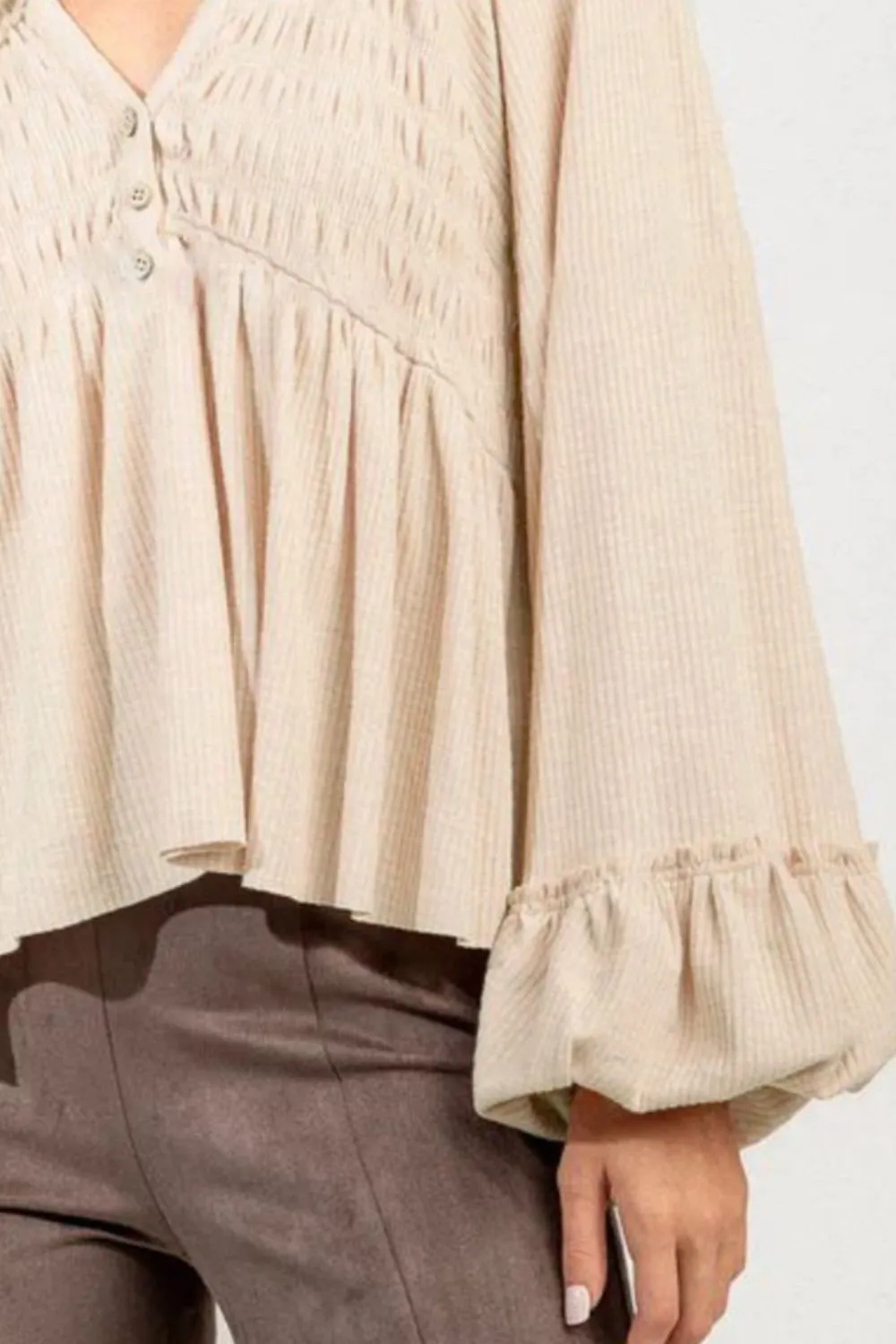 Notched Balloon Sleeve Peplum Blouse, image 9