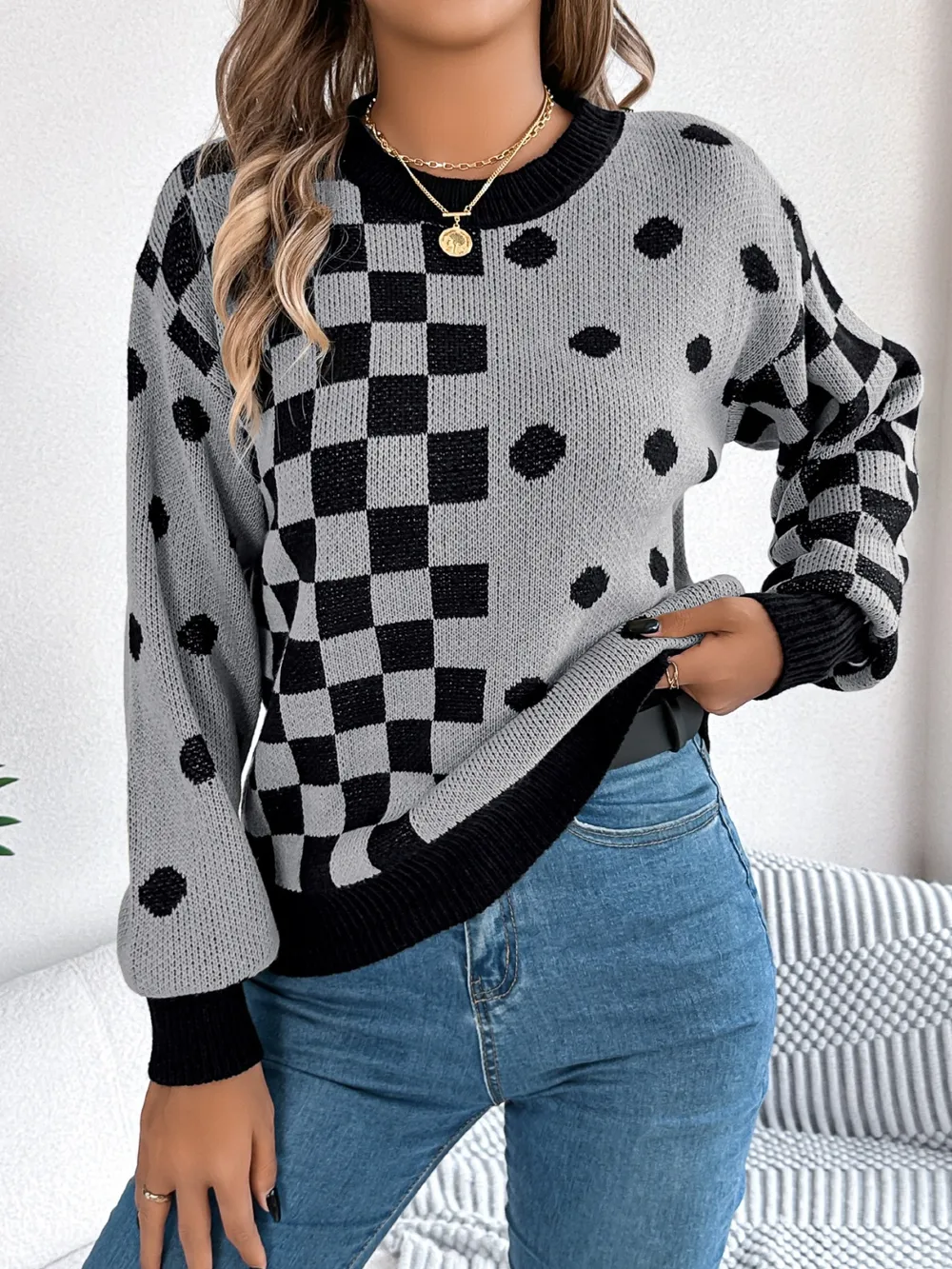 Plaid Round Neck Long Sleeve Sweater, image 4