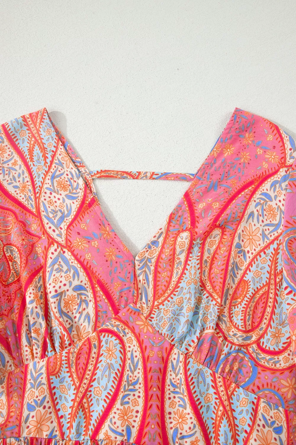 Paisley Print V-Neck Short Sleeve Boho Dress with Ruffle Details, image 8