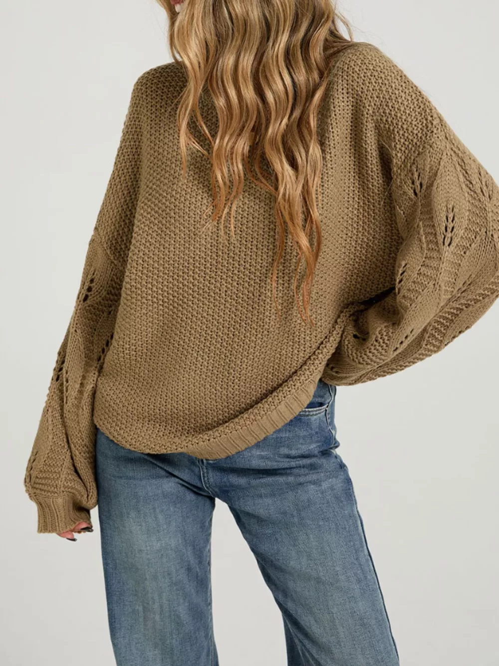 Textured Knit Openwork Dropped Shoulder Sweater