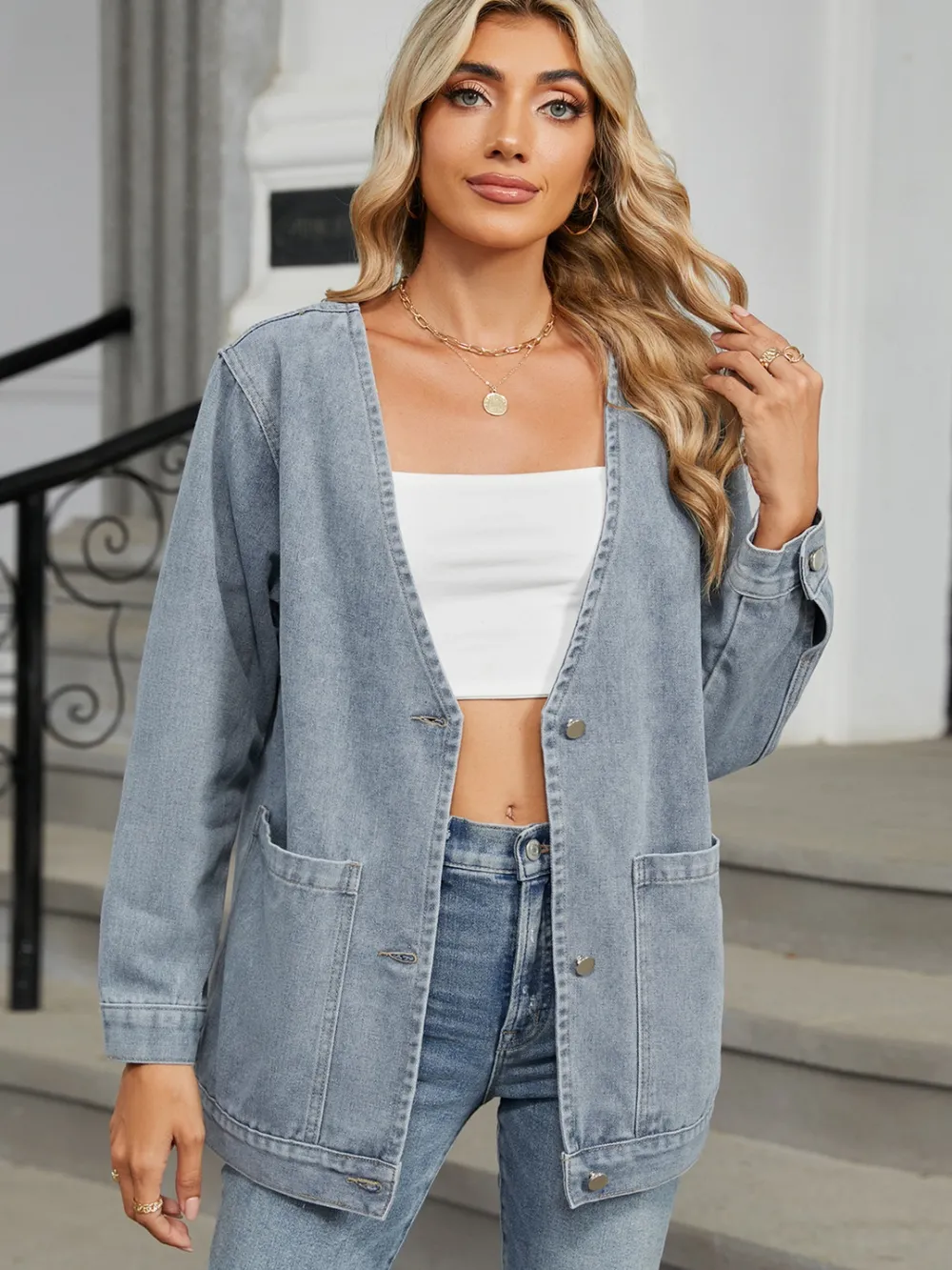 Pocketed V-Neck Button Up Denim Jacket, image 5