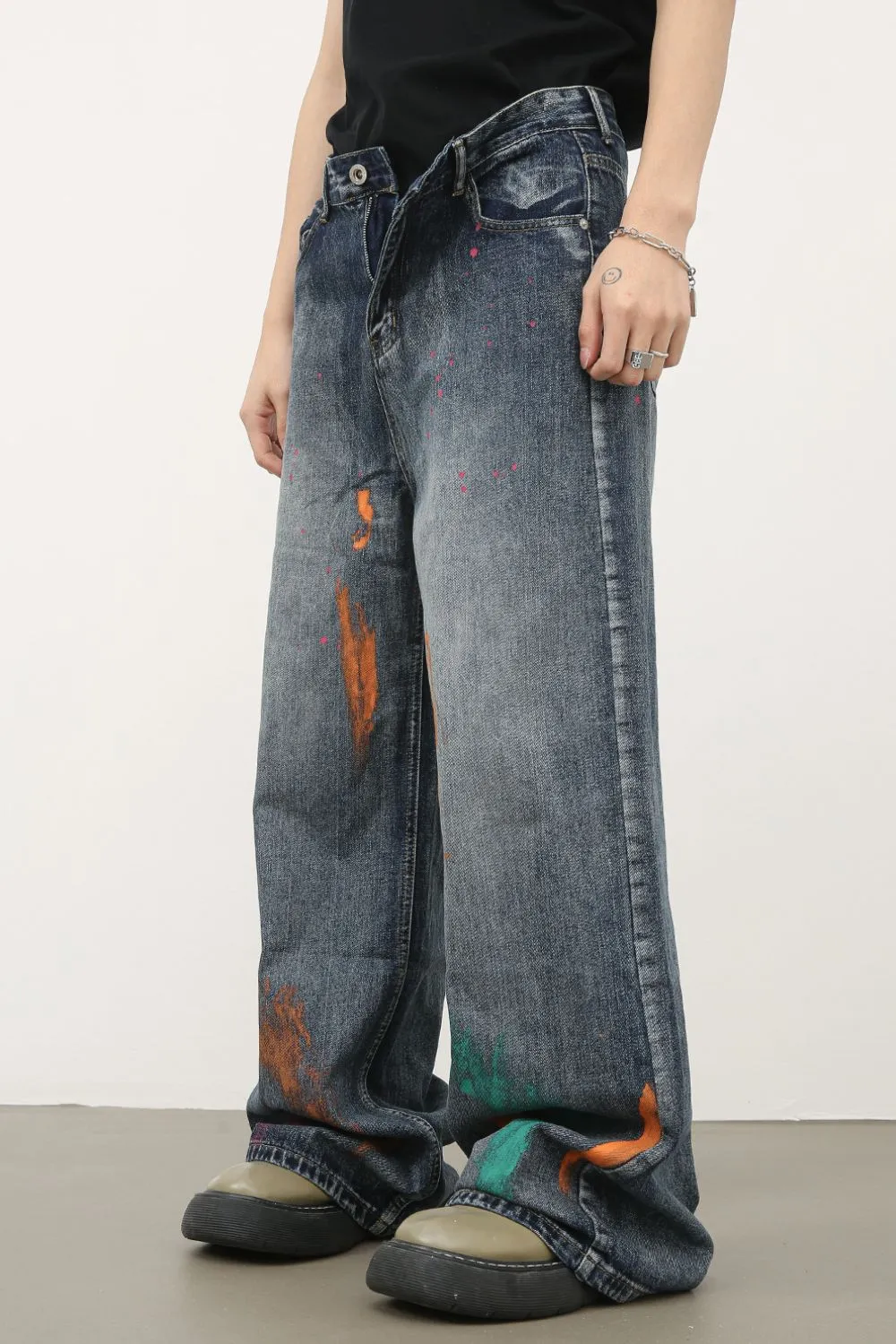 Men's Splash Print Wide Leg Jeans, image 4