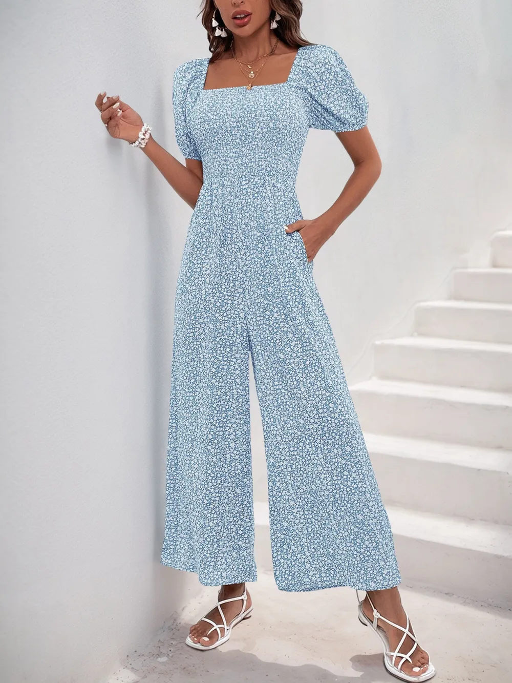 Printed Square Neck Puff Sleeve Jumpsuit, image 21