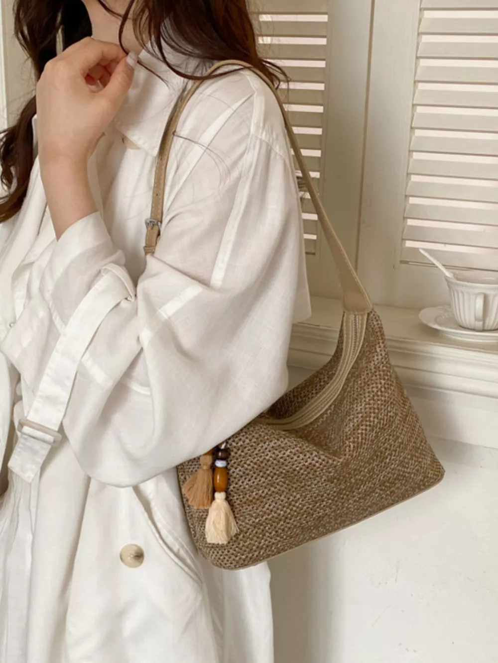 Woven Shoulder Bag with Tassel, image 10