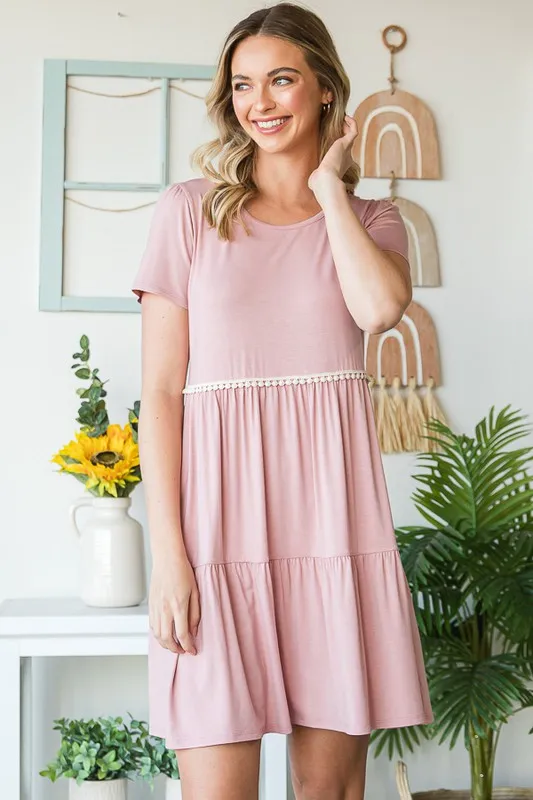 Full Size Solid Mini Tiered Dress with Pompom Lace Plus Size, image 8