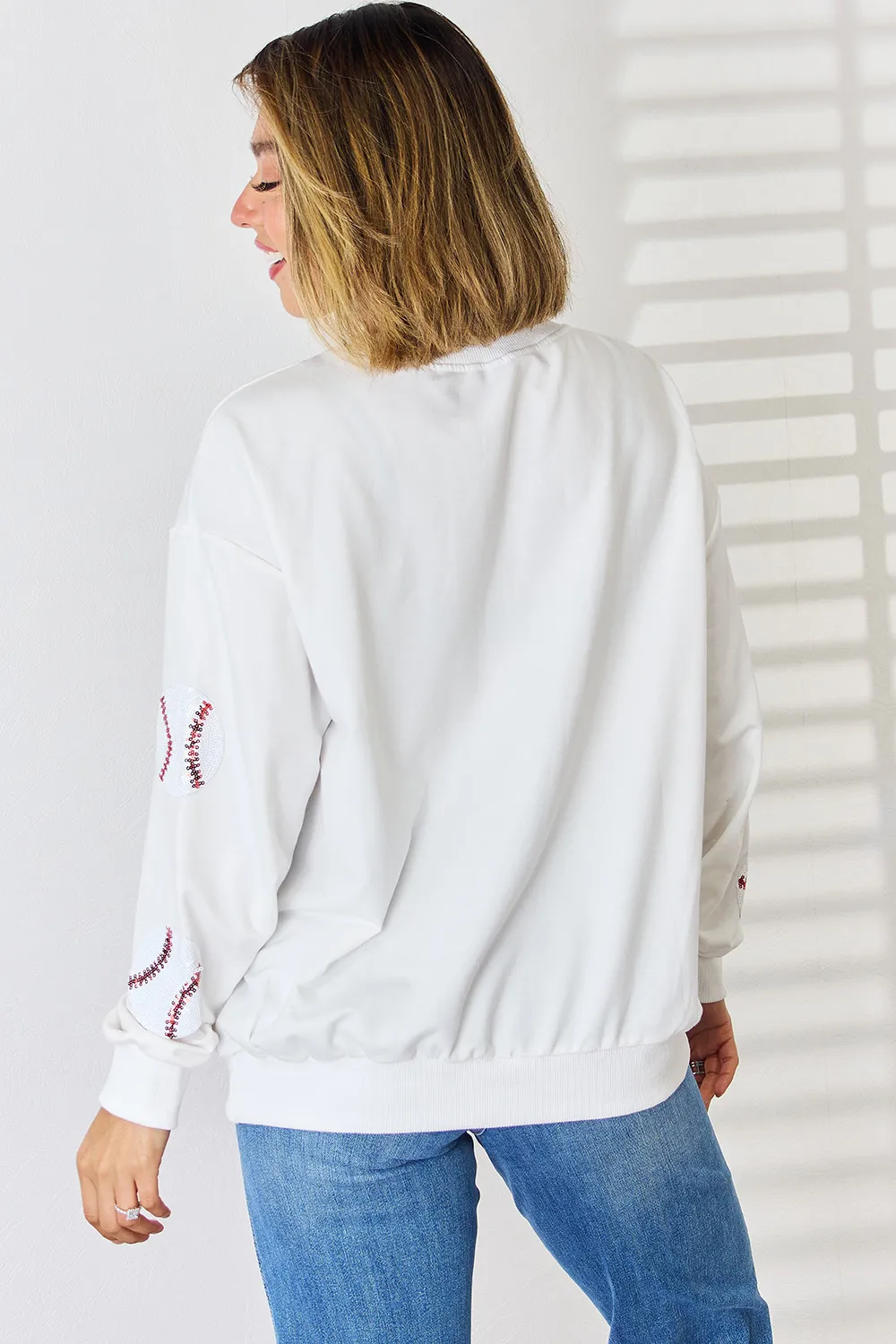 Sequin Baseball Round Neck Dropped Shoulder Sweatshirt, image 8
