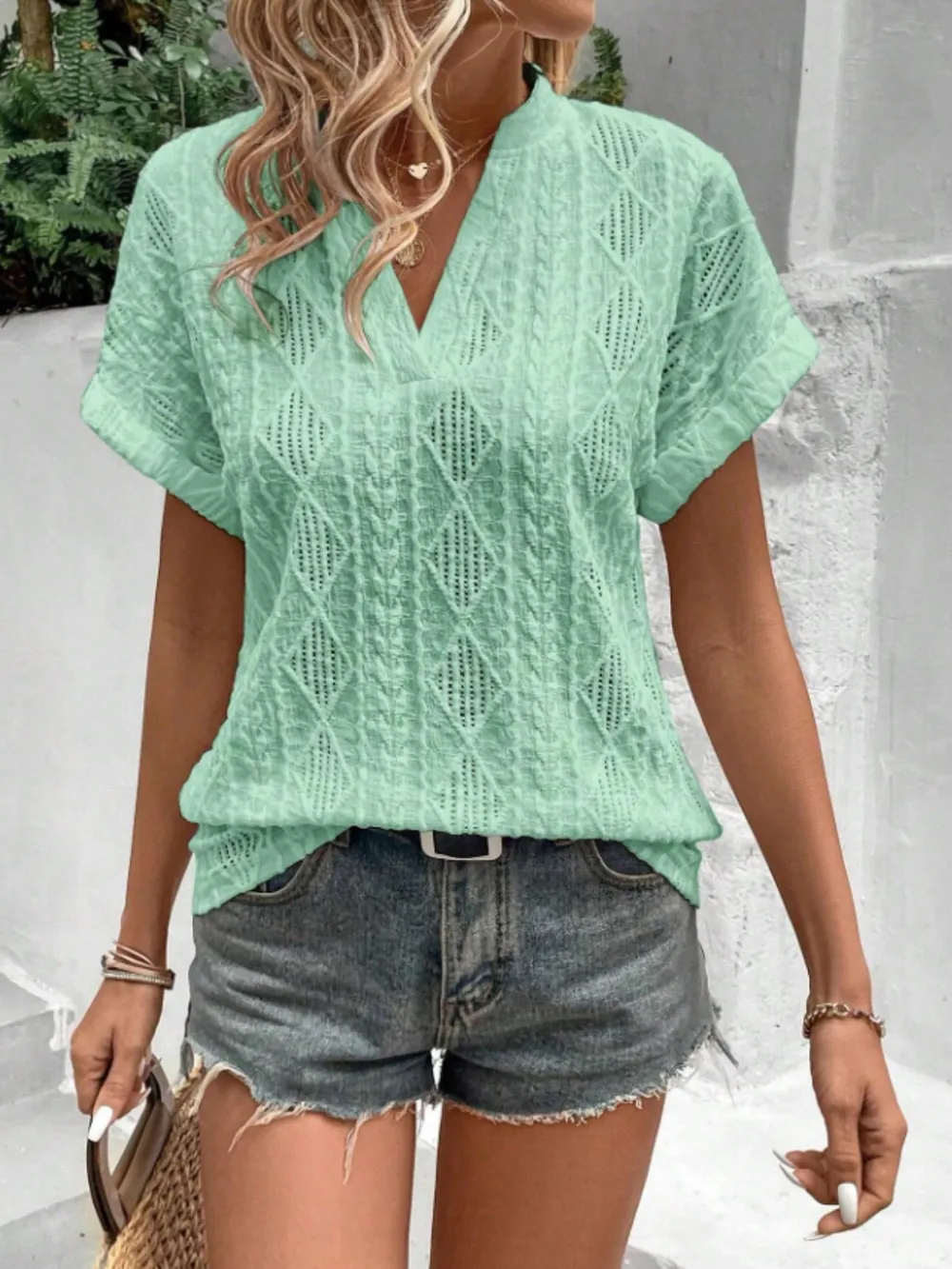 Openwork Notched Short Sleeve Blouse, image 3