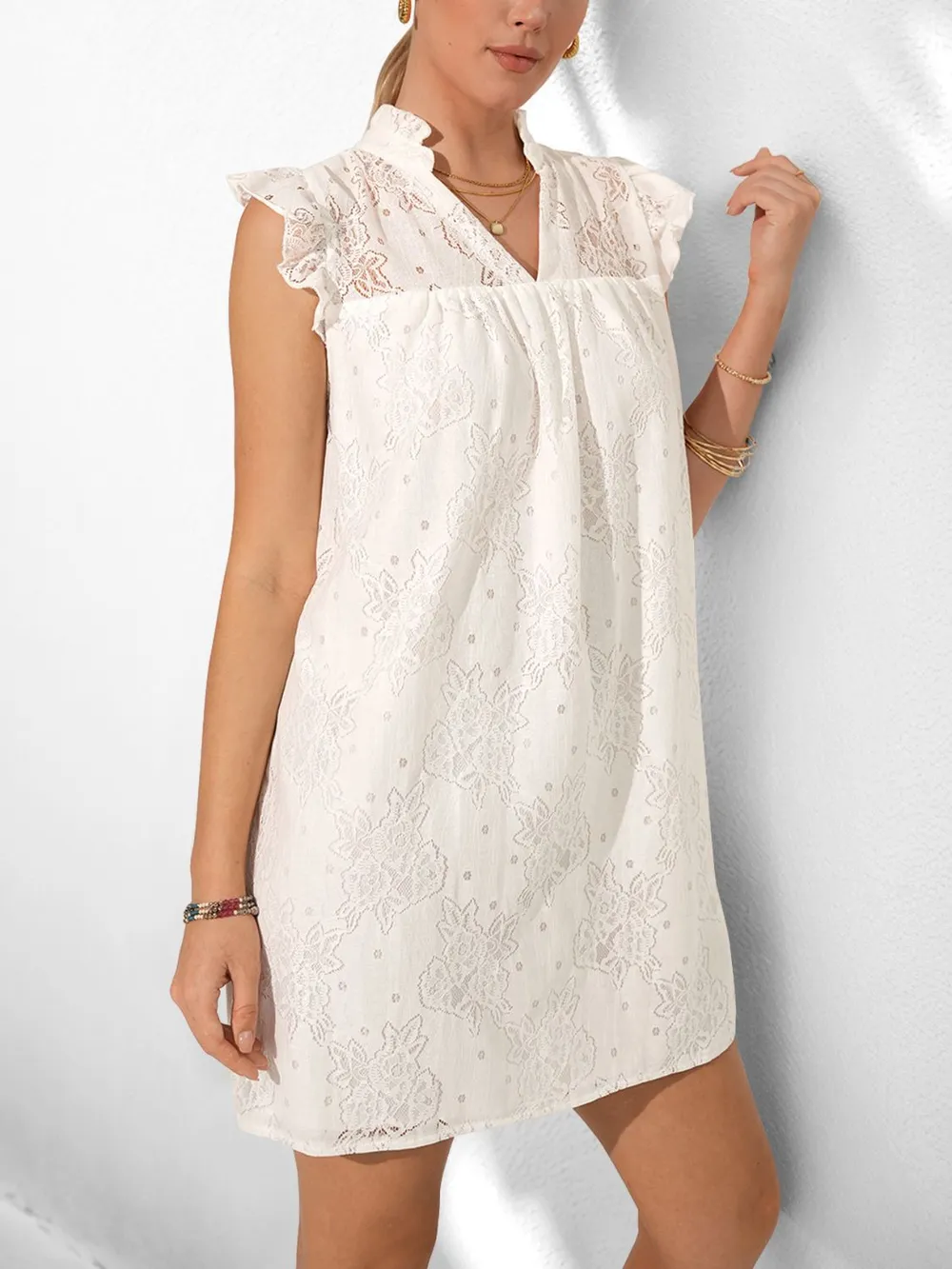 Lace Notched Cap Sleeve Mini Dress, image 5